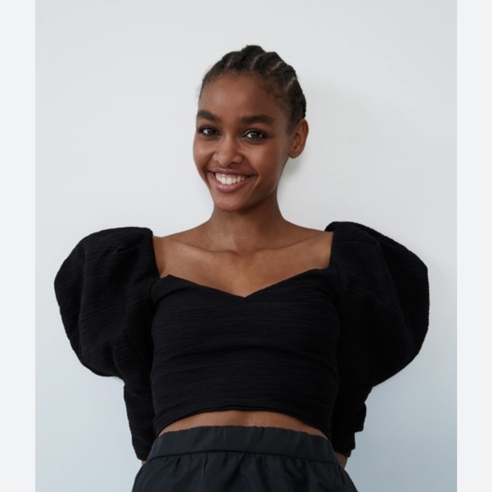 Zara Black Structured Puff Sleeve Crop Top
